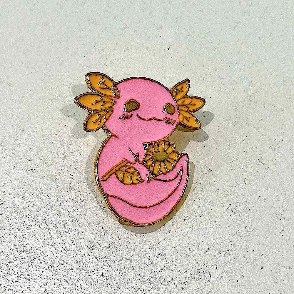 Axolotl Flower Pin Enamel With Gold Outline Floral Animal Sunflower